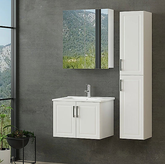 80 cm Banyo Dolabı ve Havlu Dolabı  -Beyaz Renk ,Lavabolu, Membran Kapak, MDF-BEYSAN
