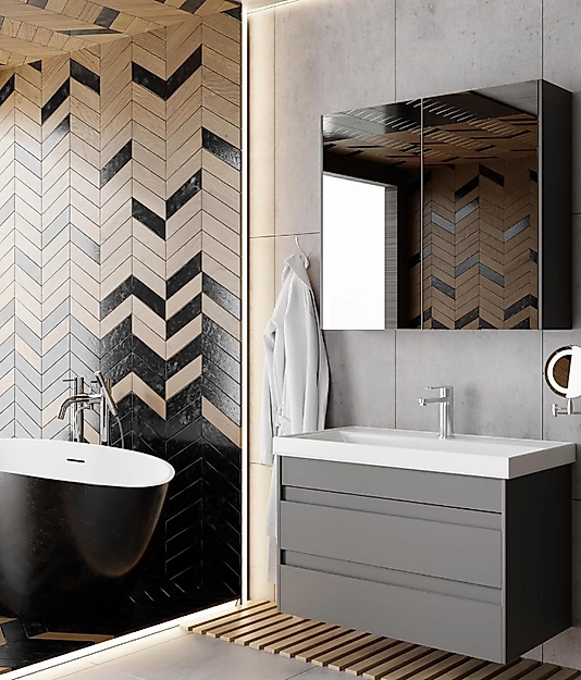 100 cm Antrasit Banyo Dolabı | MDF Lam, Seramik Lavabolu – Beysan