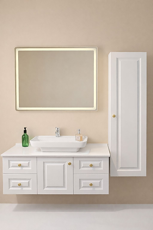 Banyo Dolabı ve Havlu Dolabı I Beyaz Renk ,Lavabolu, Membran Kapak, MDF-BEYSAN