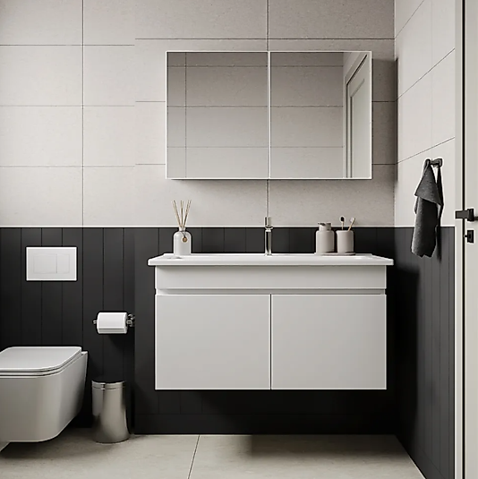 100 cm Beyaz Banyo Dolabı | MDF Lam, Seramik Lavabolu – Beysan
