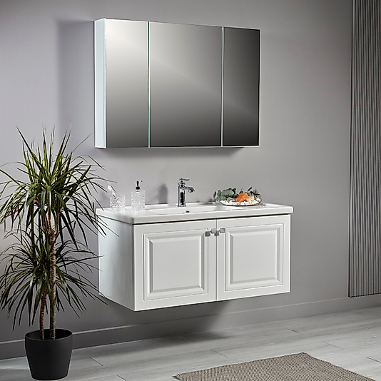 100 cm Beyaz Banyo Dolabı | MDF Lam, Seramik Lavabolu – Beysan