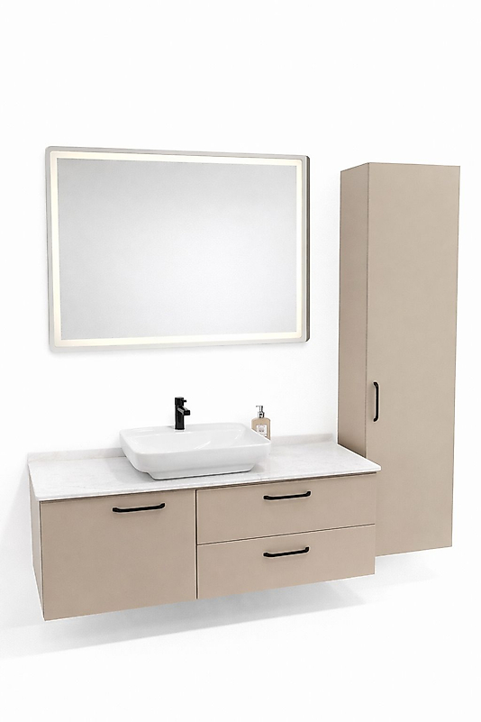 Banyo Dolabı ve Havlu Dolabı I Cappuccino Renk ,Lavabolu, Membran Kapak, MDF-BEYSAN