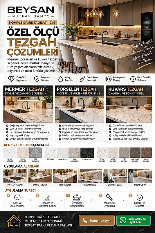 Mermer, Porselen ve Kuvars Mutfak Tezgâhı Modelleri
