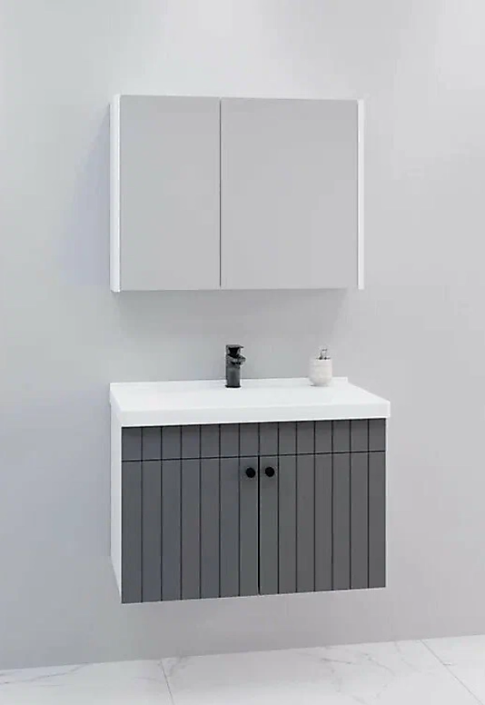 80 cm Banyo Dolabı -Antrasit Renk ,Lavabolu, Membran Kapak, MDF-BEYSAN