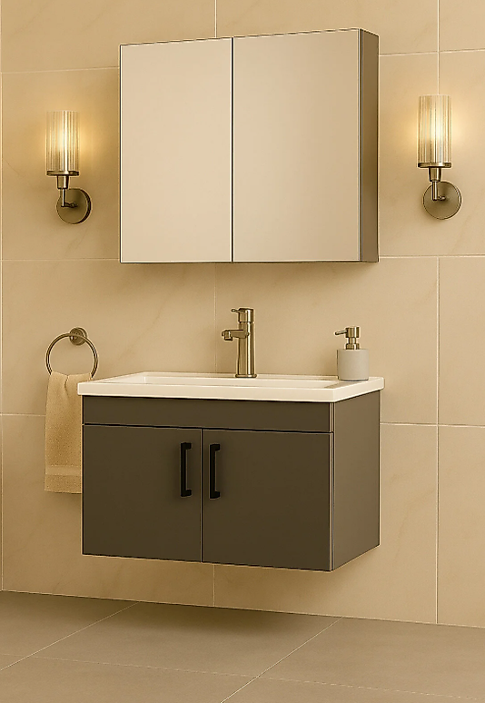 80 cm Banyo Dolabı -Antrasit Renk ,Lavabolu, Düz Kapak, MDF-BEYSAN