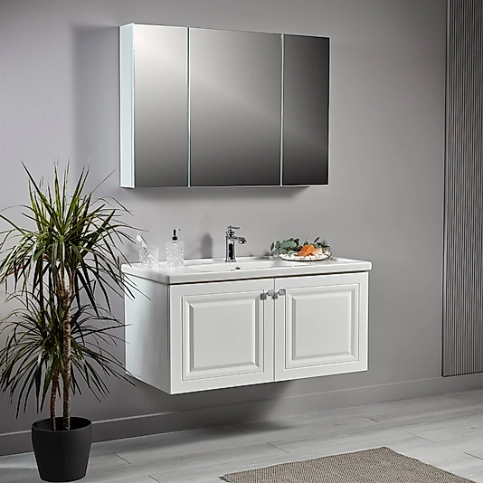 100 cm Beyaz Banyo Dolabı | MDF Lam, Seramik Lavabolu – Beysan