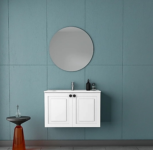 Beyaz Banyo Dolabı -  Yuvarlak Aynalı, Duvara Asılı, Membran Kapak-BEYSAN