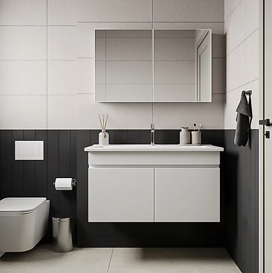 100 cm Beyaz Banyo Dolabı | MDF Lam, Seramik Lavabolu – Beysan