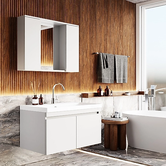 80 cm Beyaz Banyo Dolabı | MDF Lam, Seramik Lavabolu – Beysan