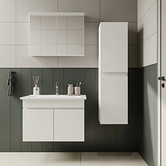 Beyaz Banyo Dolabı Seti – Havlu Dolaplı | Seramik Lavabolu, Modern Tasarım – Beysan