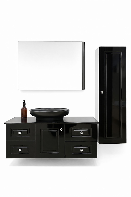 Banyo Dolabı ve Havlu Dolabı I Siyah Renk ,Lavabolu, Membran Kapak, MDF-BEYSAN