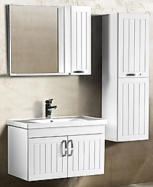 Beyaz Banyo Dolabı Seti – Havlu Dolaplı | Seramik Lavabolu, Modern Tasarım – Beysan