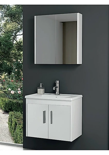 65 cm Beyaz Banyo Dolabı | MDF Lam, Seramik Lavabolu – Beysan